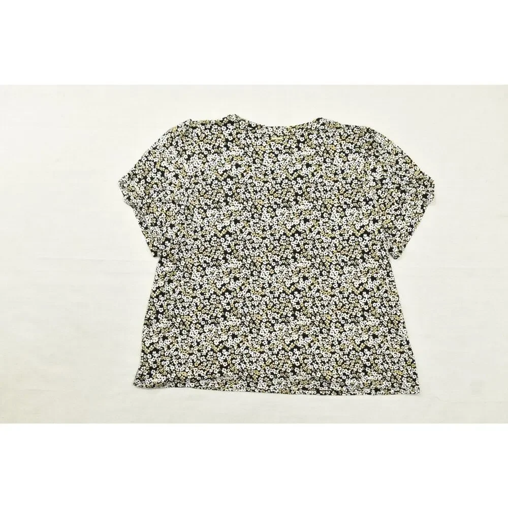 Michael Kors Women's Size 2X Black Gold White Floral Daisy Print Short Sleeve